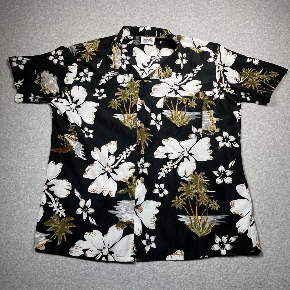Ron Jon Surf Shop Shirt Mens L Black Hawaiian White Floral Tropical Button Front
